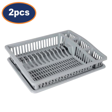 2Pcs Grey Plastic Dish Drying Rack With Drip Tray