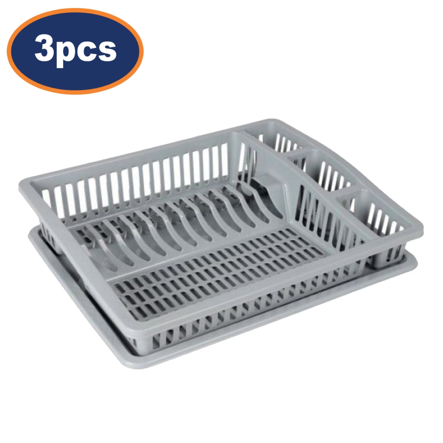 3Pcs Grey Plastic Dish Drying Rack With Drip Tray