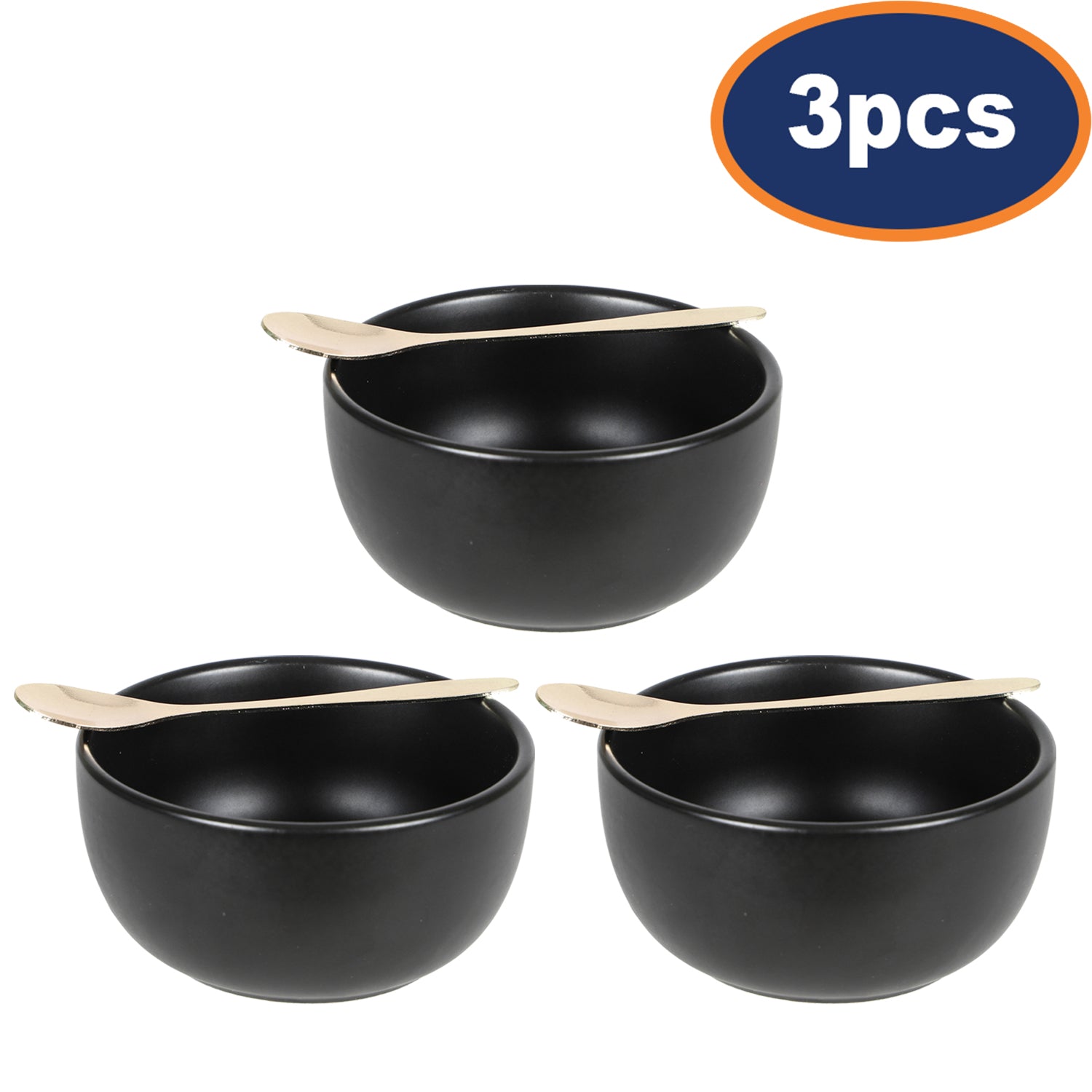 3Pcs 11cm Tapas Dish Bowl Ceramic & Spoon Black