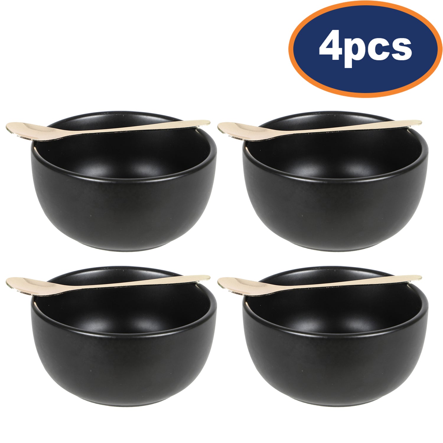 4Pcs 11cm Tapas Dish Bowl Ceramic & Spoon Black