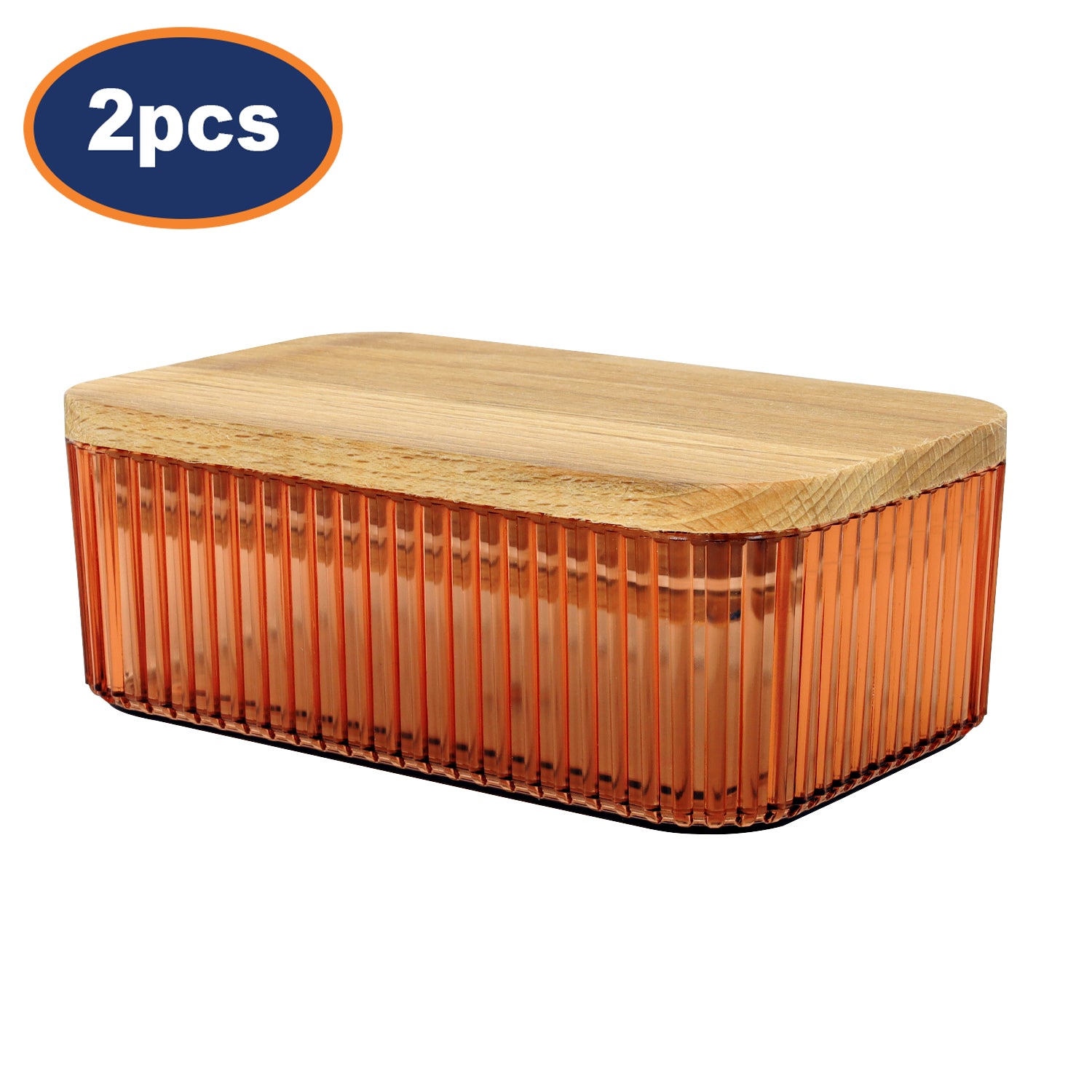 2Pcs Samba 500ml Clear Orange Ribbed Butter Dish With Wood Lid