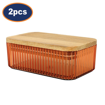 2Pcs Samba 500ml Clear Orange Ribbed Butter Dish With Wood Lid