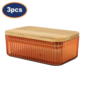 3Pcs Samba 500ml Clear Orange Ribbed Butter Dish With Wood Lid