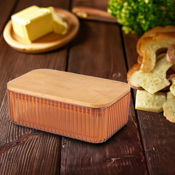 Samba 500ml Clear Orange Ribbed Butter Dish With Wood Lid