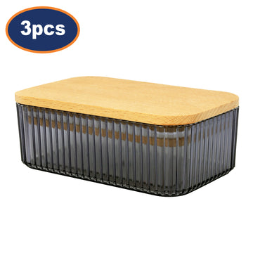 3Pcs Samba 500ml Clear Grey Ribbed Butter Dish With Wood Lid