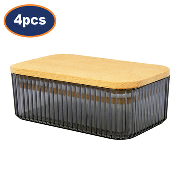 4Pcs Samba 500ml Clear Grey Ribbed Butter Dish With Wood Lid