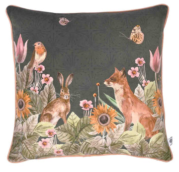 Velvet Rabbit Fox Sunflowers Filled Cushion 43x43cm Teal Green