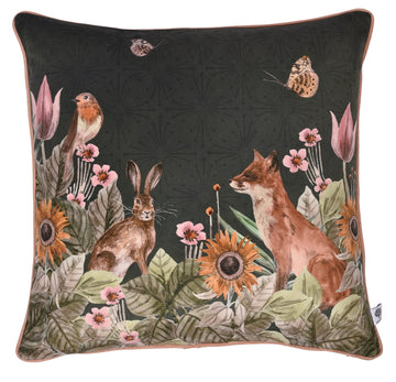 Velvet Rabbit Fox Sunflowers Cushion Cover 43x43cm Black