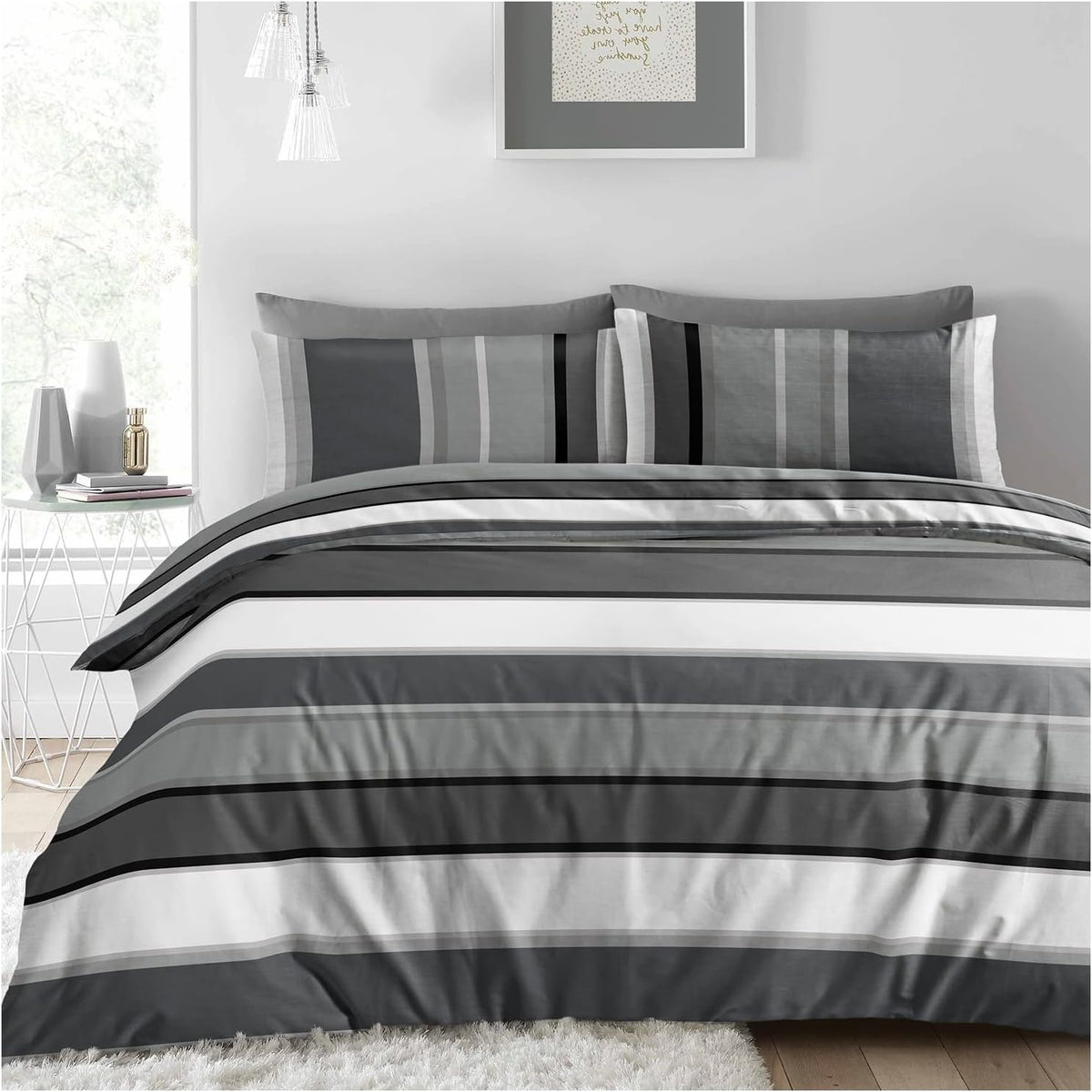 Stripes Complete Duvet Cover Set, King, Grey & Black
