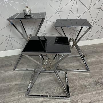 Square Side Tables Valencia 3-Set Steel Chrome Mirror Glass