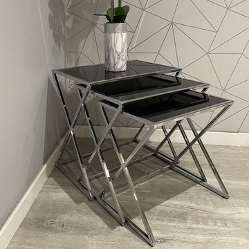 Square Nesting Tables Valencia 3-Set Mirror Black Glass