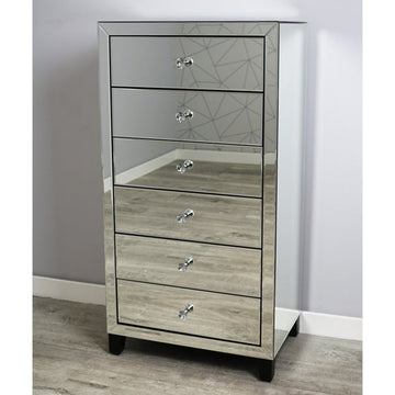 Mirrored Tall Boy Chest of 6 Drawers Bedroom Furniture