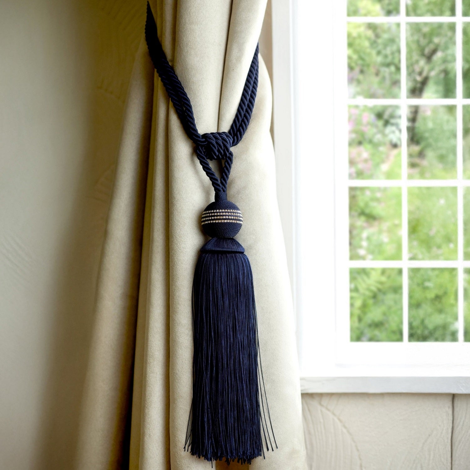 2 x Premium Tasselled Tieback with Diamante Detailed Ball - Galaxy Navy Blue