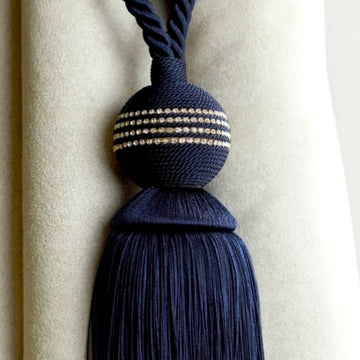 2 x Premium Tasselled Tieback with Diamante Detailed Ball - Galaxy Navy Blue