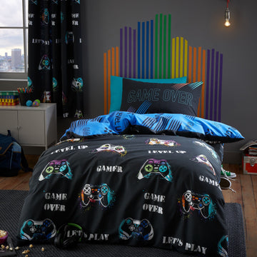 Catherine Lansfield Game Over Duvet Cover Set, Single, Black & Blue