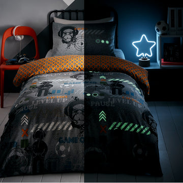 Glow In The Dark Gamer Single Duvet Cover Bedding Set Grey