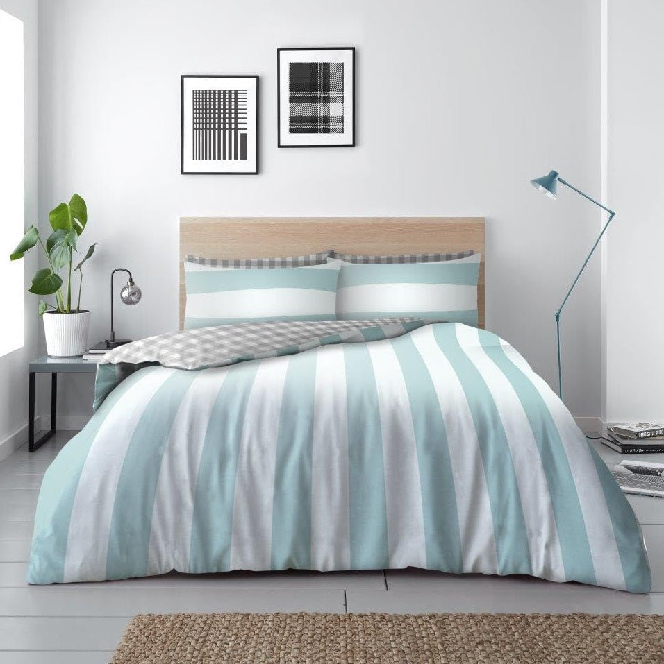 Garett Stripe & Gingham Duvet Cover Set, Double, Teal & Grey