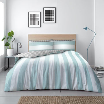Garett Stripe & Gingham Duvet Cover Set, Double, Teal & Grey