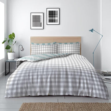 Garett Stripe & Gingham Duvet Cover Set, King, Teal & Grey