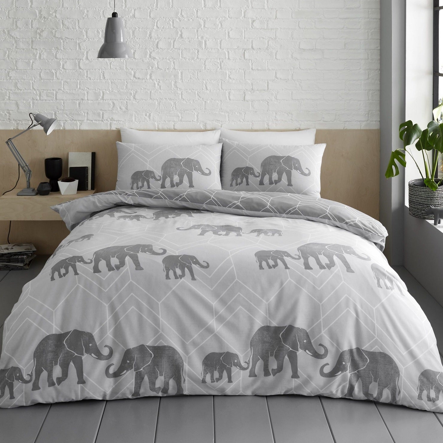 Geo Elephant Duvet Cover Set, Double, Charcoal & Grey