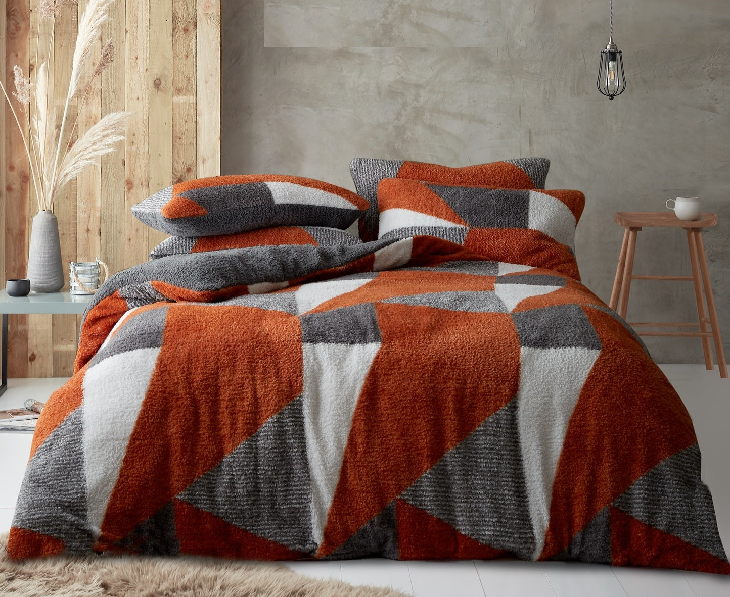 Teddy Geometric Duvet Cover Set, King, Orange & Grey