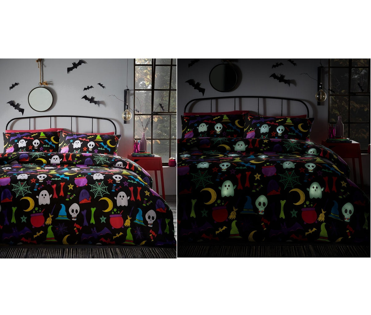 Halloween Glow In The Dark Duvet Cover Set, Single, Black