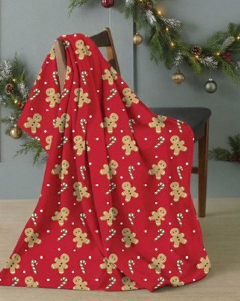 Christmas Gingerbread Fleece Blanket Throw - Red
