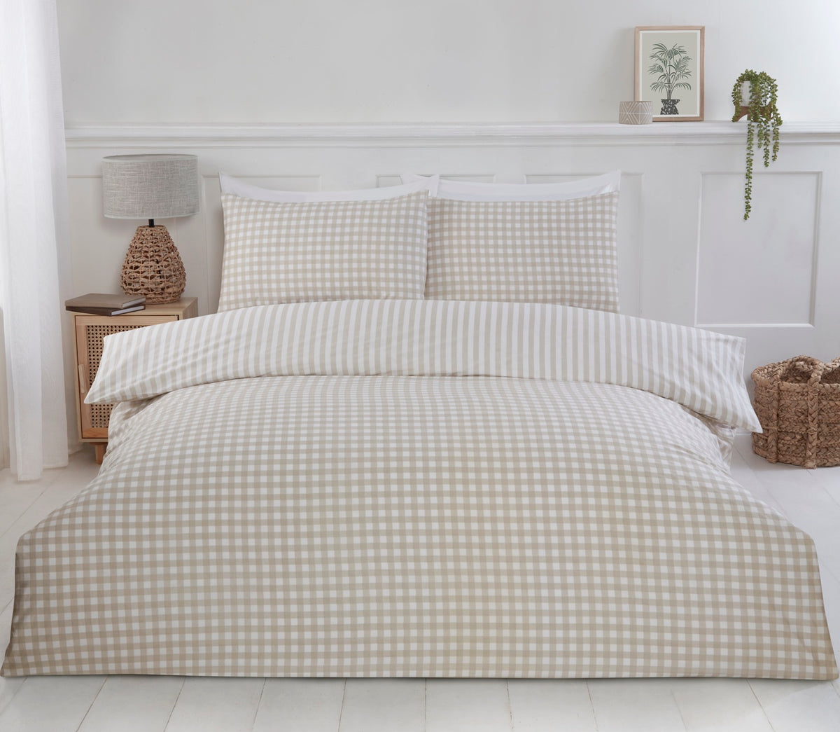 Gingham Check and Striped Duvet Cover Set, King, Natural
