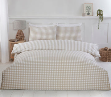 Gingham Check and Striped Duvet Cover Set, Double, Natural