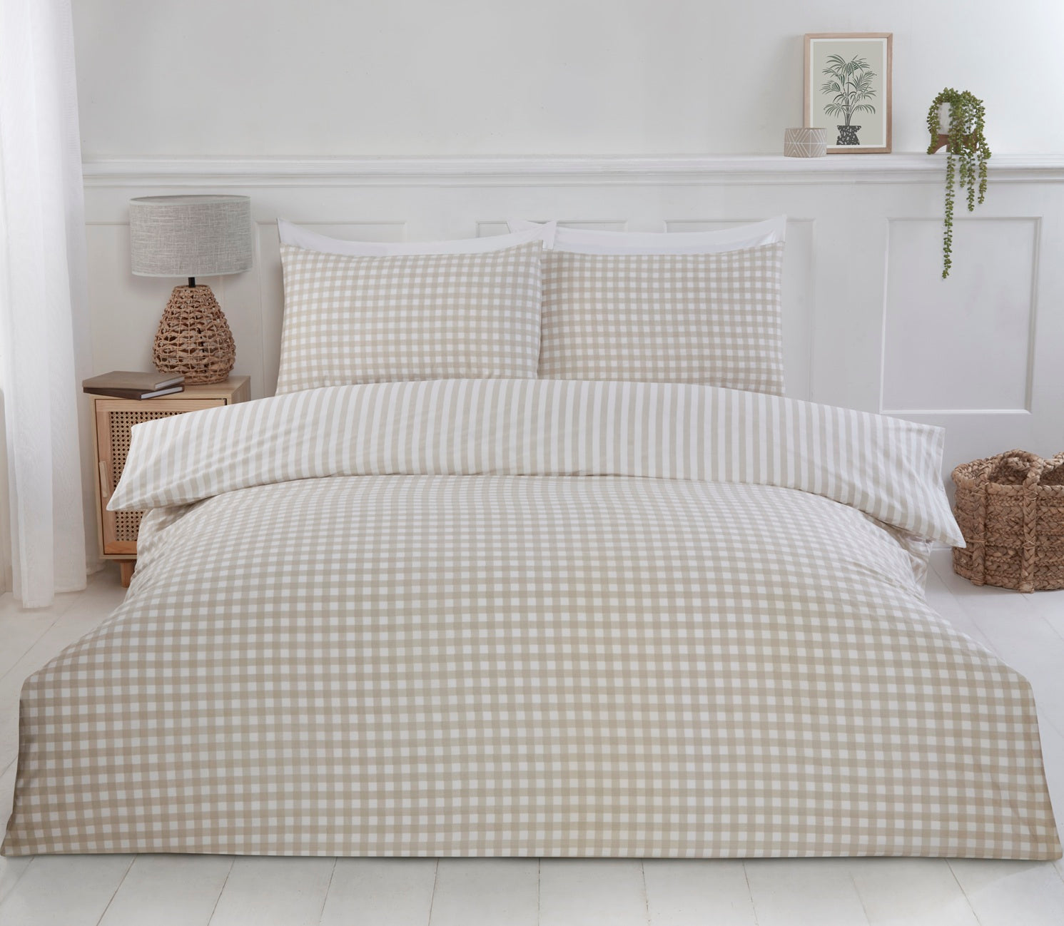 Gingham Check and Striped Duvet Cover Set, King, Natural