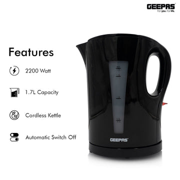 2200W Black Electric Kettle Cordless Fast Boil 1.7L Jug