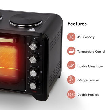 35L Mini 1600W Oven & Grill with Double Hotplate