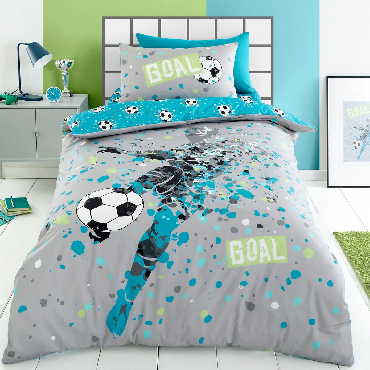 Football Goal Duvet Cover Set, Double, Grey & Blue