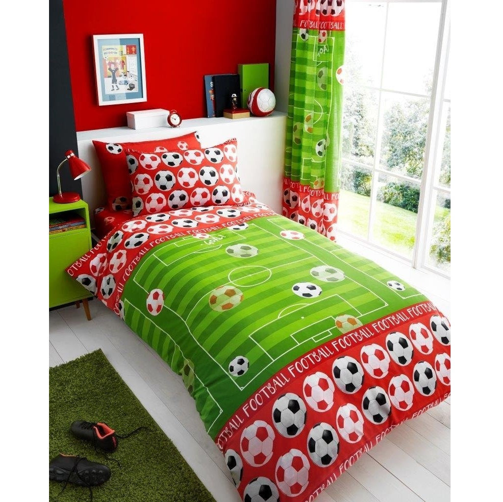Football Goal Shoot Kids Boys Single Bed Duvet Set Green Red