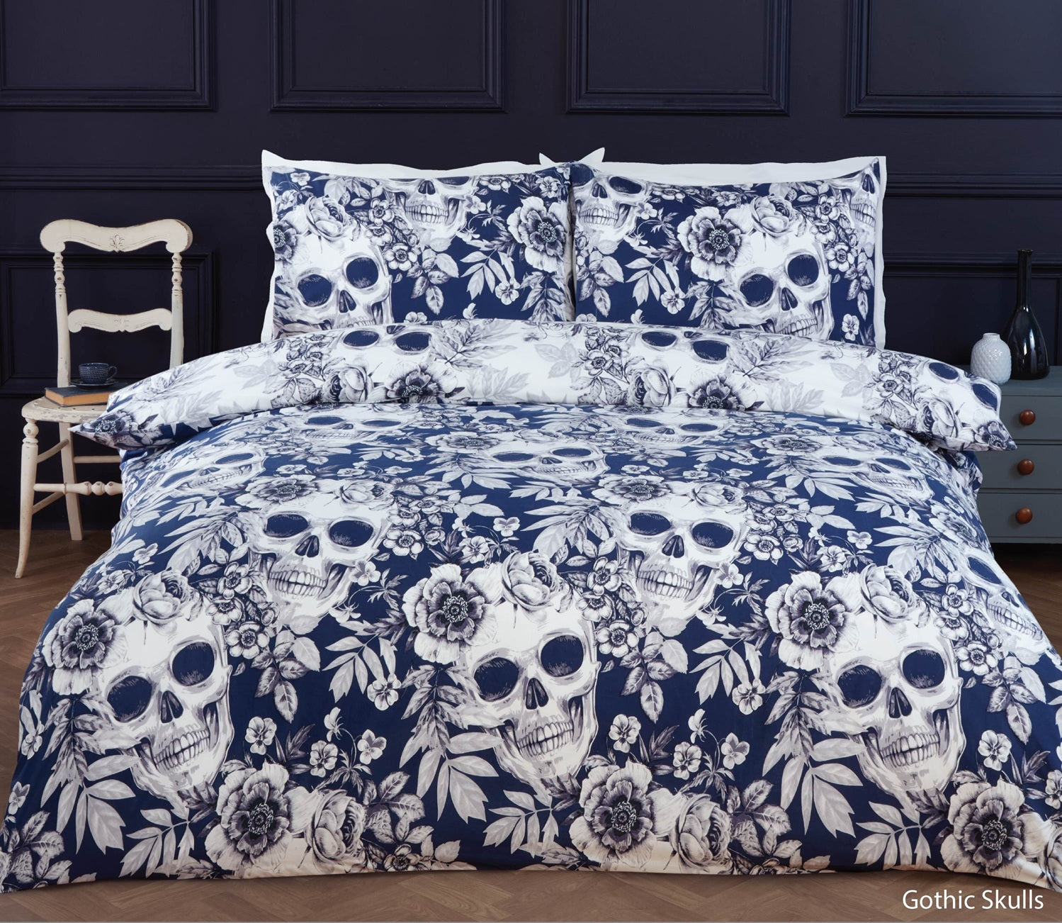 Halloween Gothic Skulls Duvet Cover Set, Single, Blue