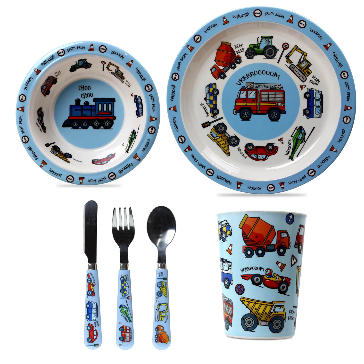 6-pc Blue Dinnerware Set for Kids - Vehicles