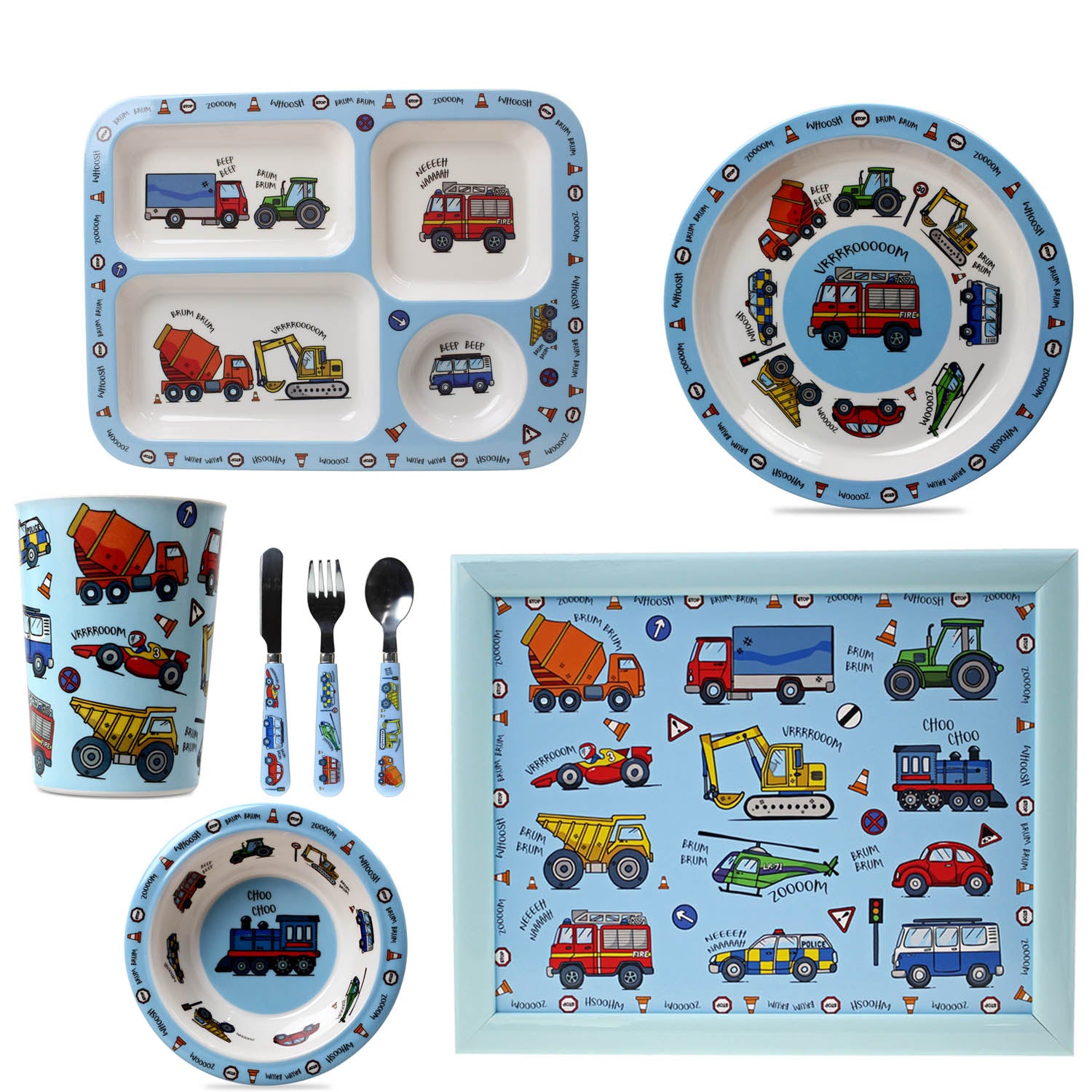 8-pc Blue Dinnerware Set for Kids - Vehicles