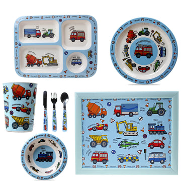 8-pc Blue Dinnerware Set for Kids - Vehicles