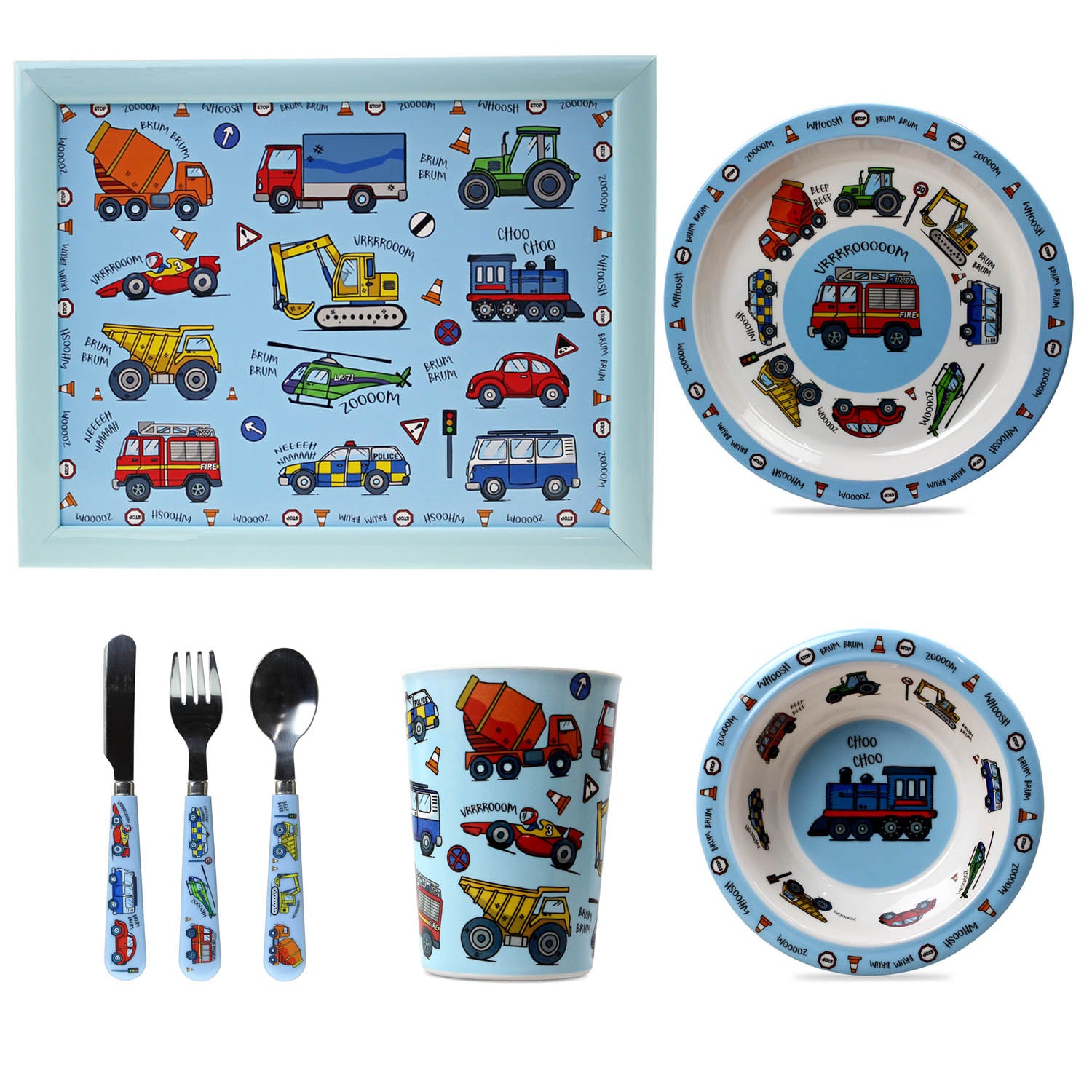 7-pc Blue Dinnerware Set for Kids - Vehicles