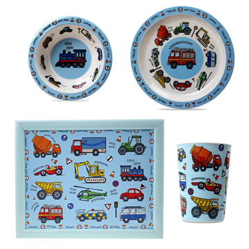 4-pc Blue Dinnerware Set for Kids - Vehicles