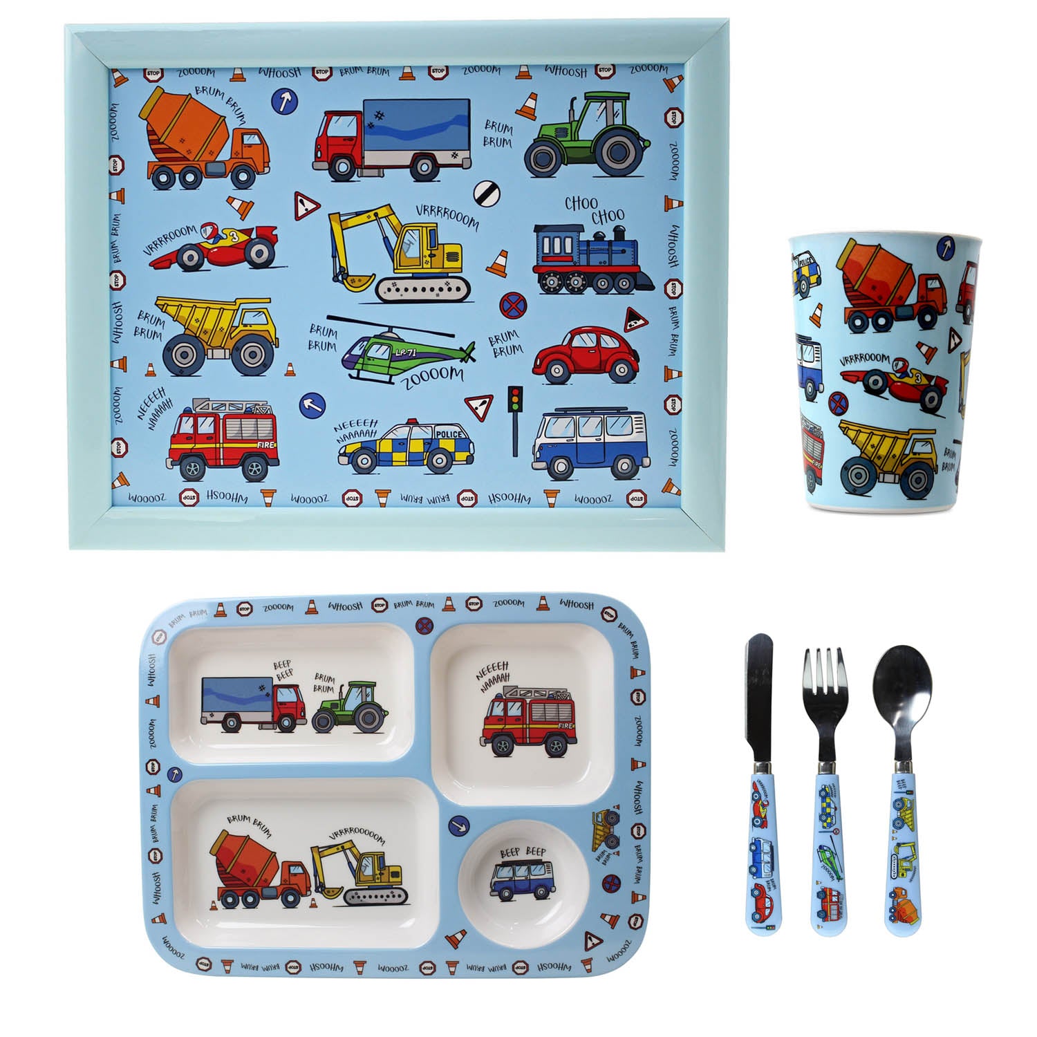 6-pc Blue Laptray Set for Kids - Vehicles
