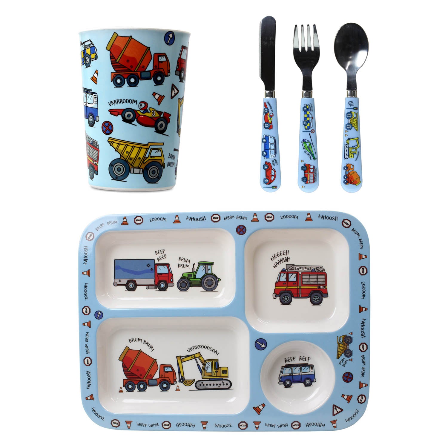 5-pc Blue Cutlery Set for Kids - Vehicles