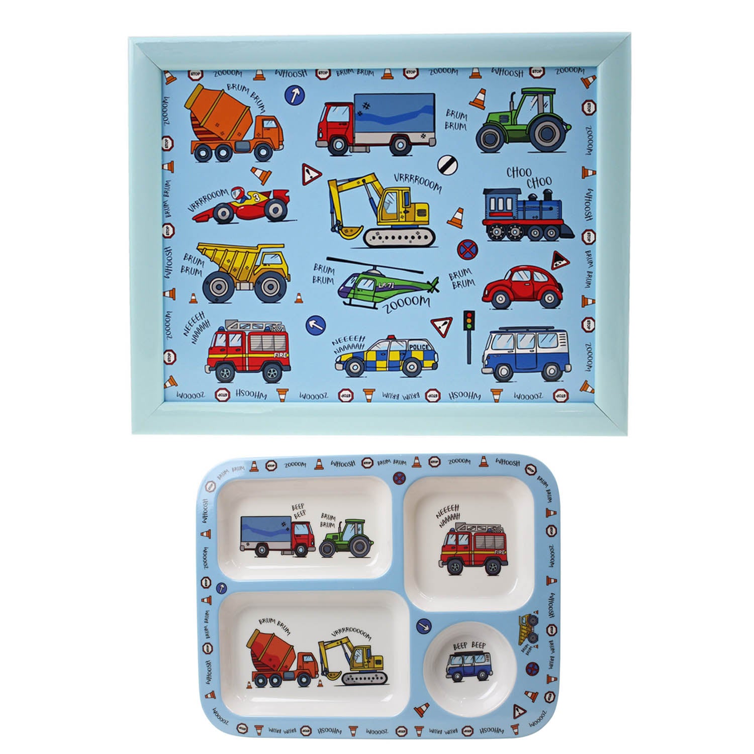 2-pc Blue Laptray Set for Kids - Vehicles