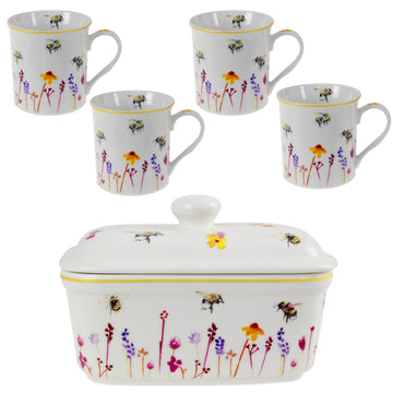 5-pc Bees & Flowers Butter Dish and Mugs Set - Floral