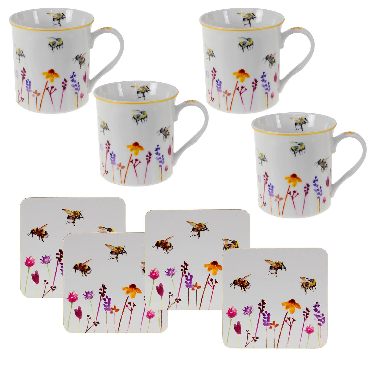 8-pc Bees & Flowers Mugs & Coasters Set - Floral