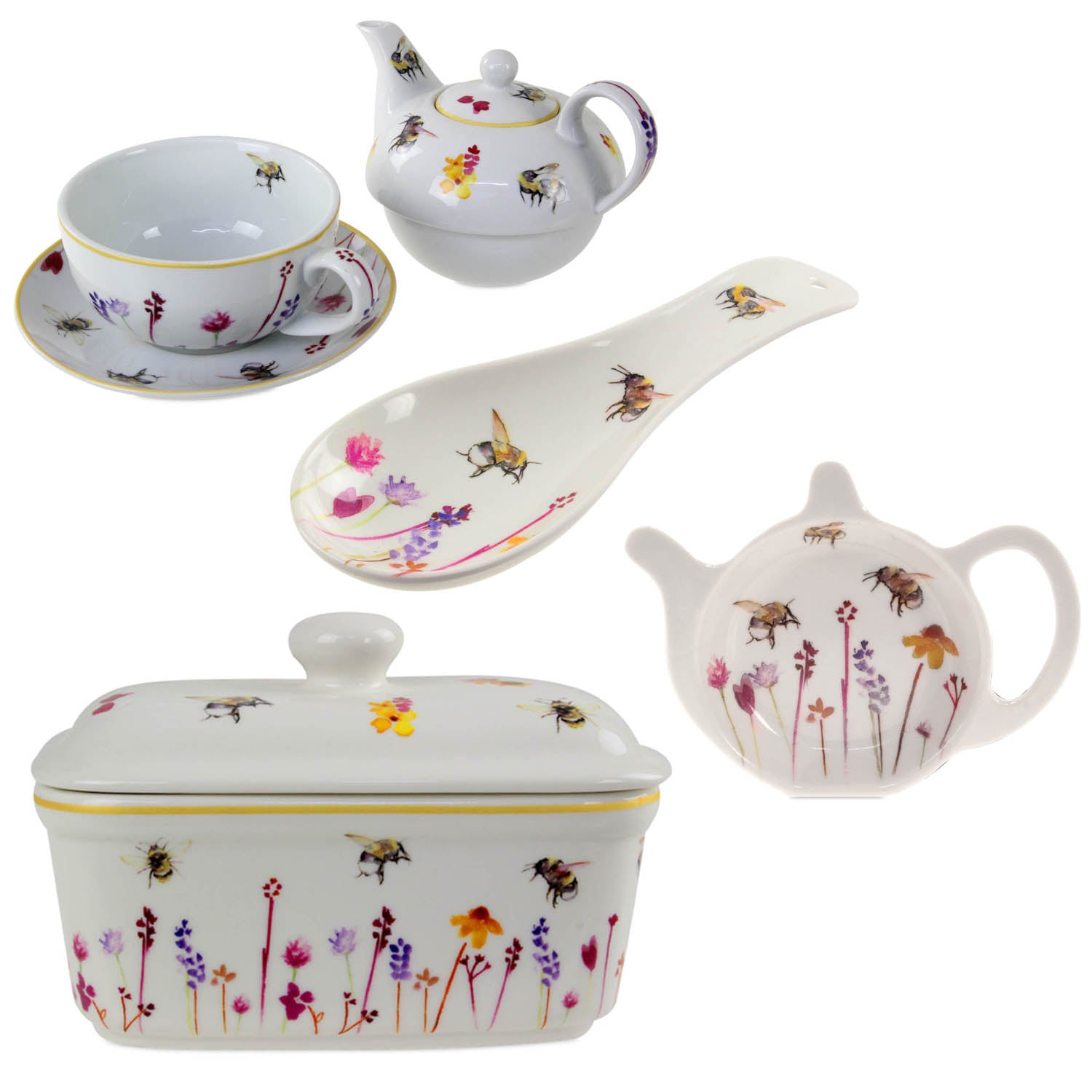 4-pc Bees & Flowers Butter Dish, Tea for One, Spoon Rest & Tea Bag Tidy Set - Floral