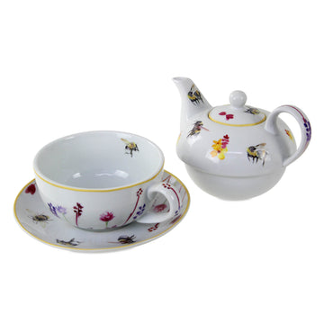 4-pc Bees & Flowers Butter Dish, Tea for One, Spoon Rest & Tea Bag Tidy Set - Floral