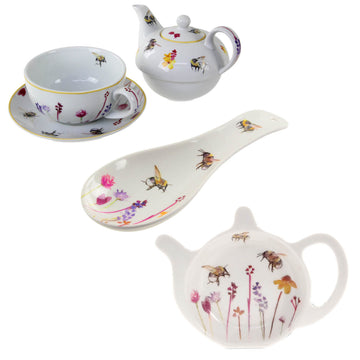 3-pc Bees & Flowers Tea for One, Tea Bag Tidy & Spoon Rest Set - Floral