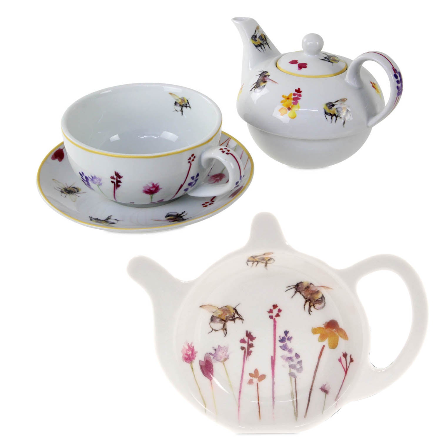 2-pc Bees & Flowers Tea for One & Tea Bag Tidy Set- Floral