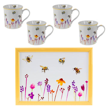 5-pc Bees & Flowers Laptray & Mugs Set - Floral